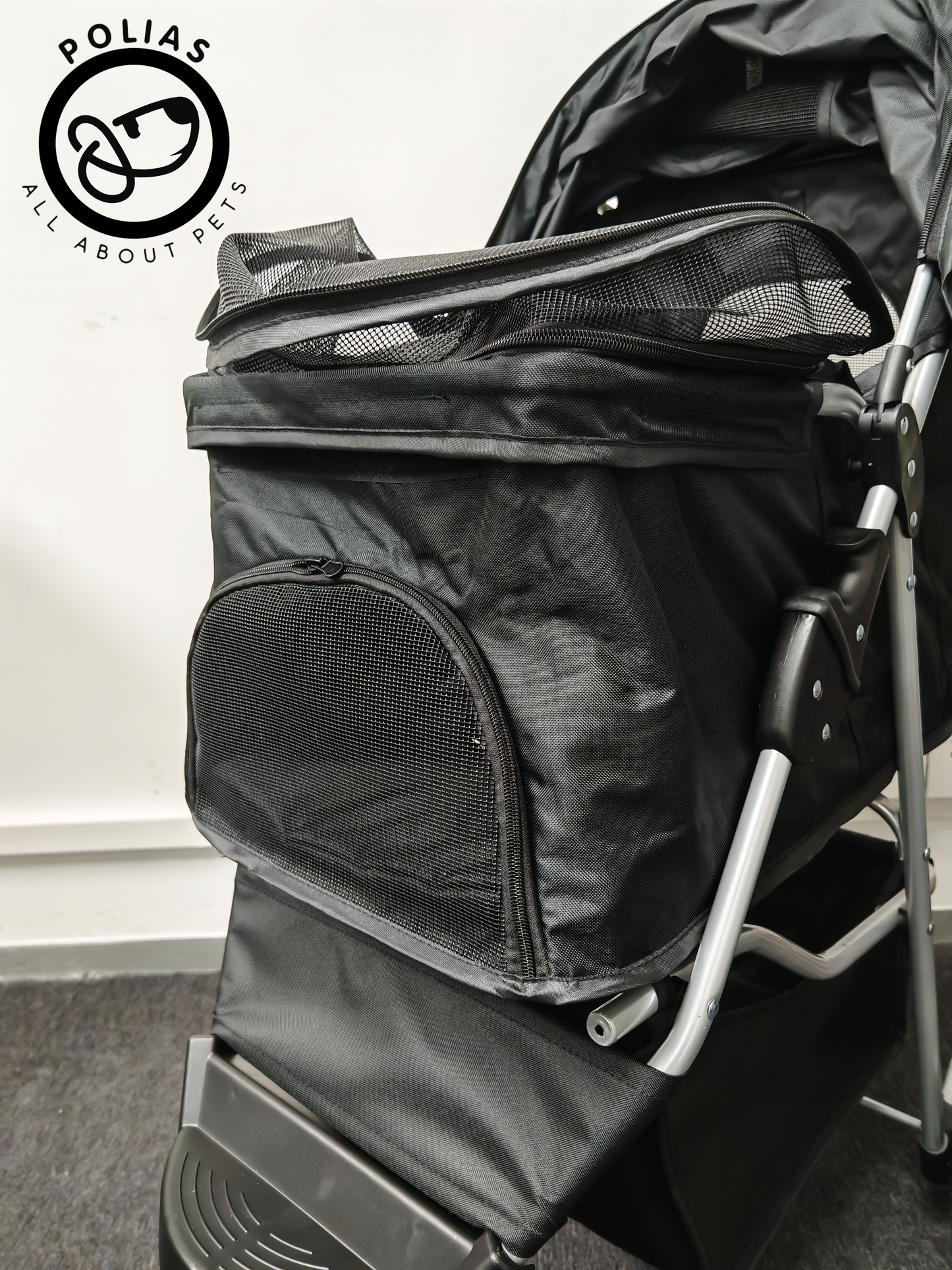 POLIAS 3-Wheel Foldable Pet Stroller with Storage Basket and Cup Holder for Small and Medium Cats, Dogs, Puppies, Black