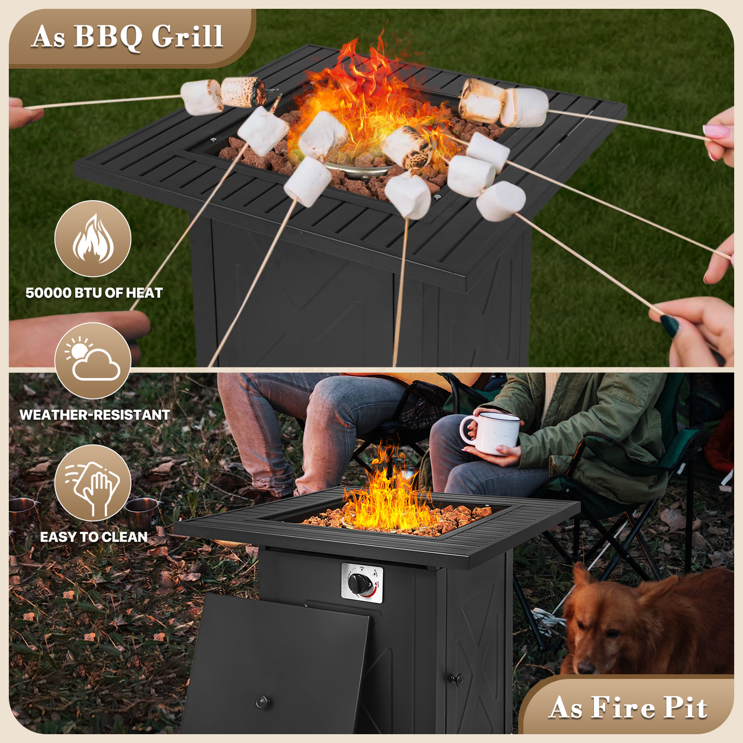 Athena Collection 2 in 1 Fire Pit Table for Outside Patio 50000 BTU Output Propane Gas Square Steel Fireplace Outdoor 28 Inch BBQ Fire Table with Tabletop Lid and Lava Rock, Gray