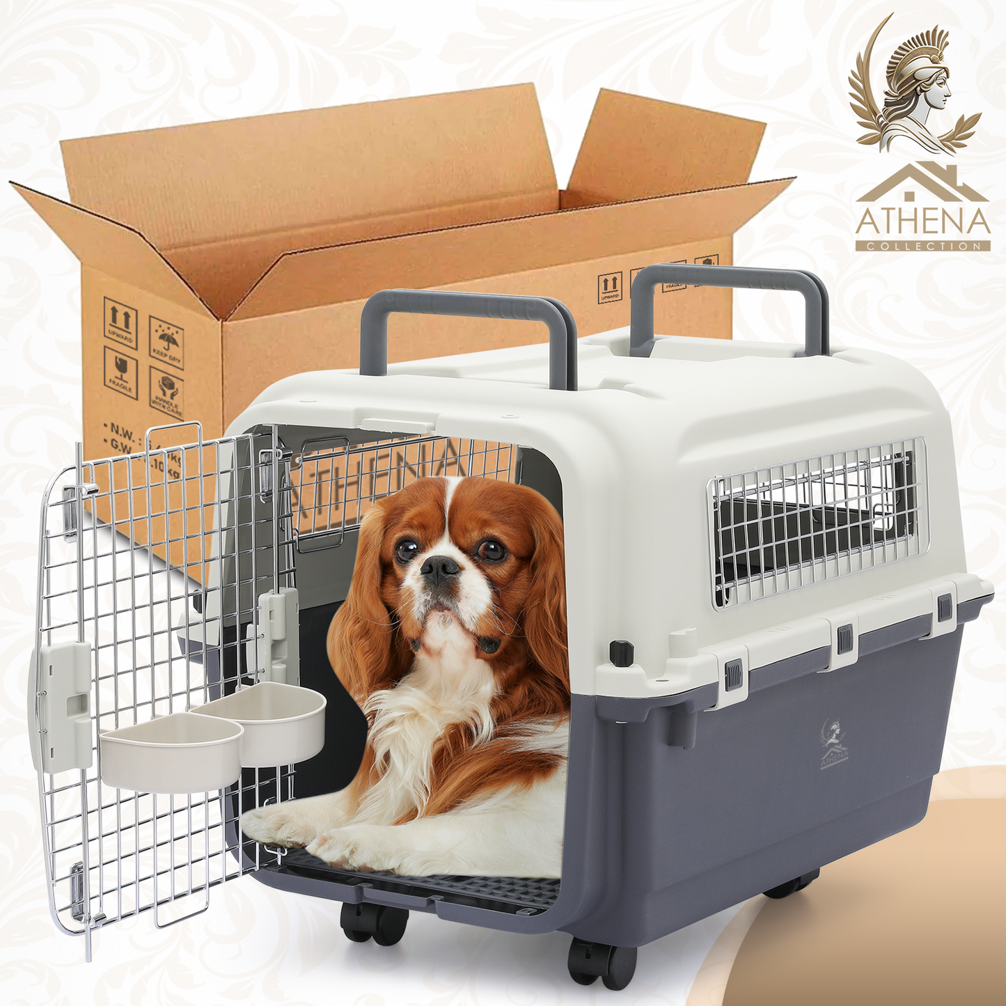 ATHENA COLLECTION Pet Carrier Hard-Sided 25.5'' Length 2 Handle with 2 Dishs, 4 Wheels White/Dark Grey