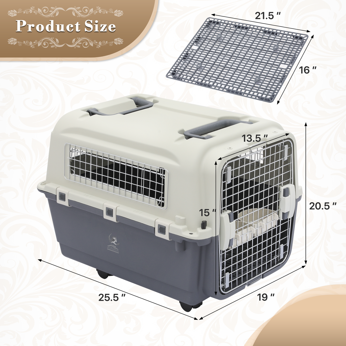 ATHENA COLLECTION Pet Carrier Hard-Sided 25.5'' Length 2 Handle with 2 Dishs, 4 Wheels White/Dark Grey