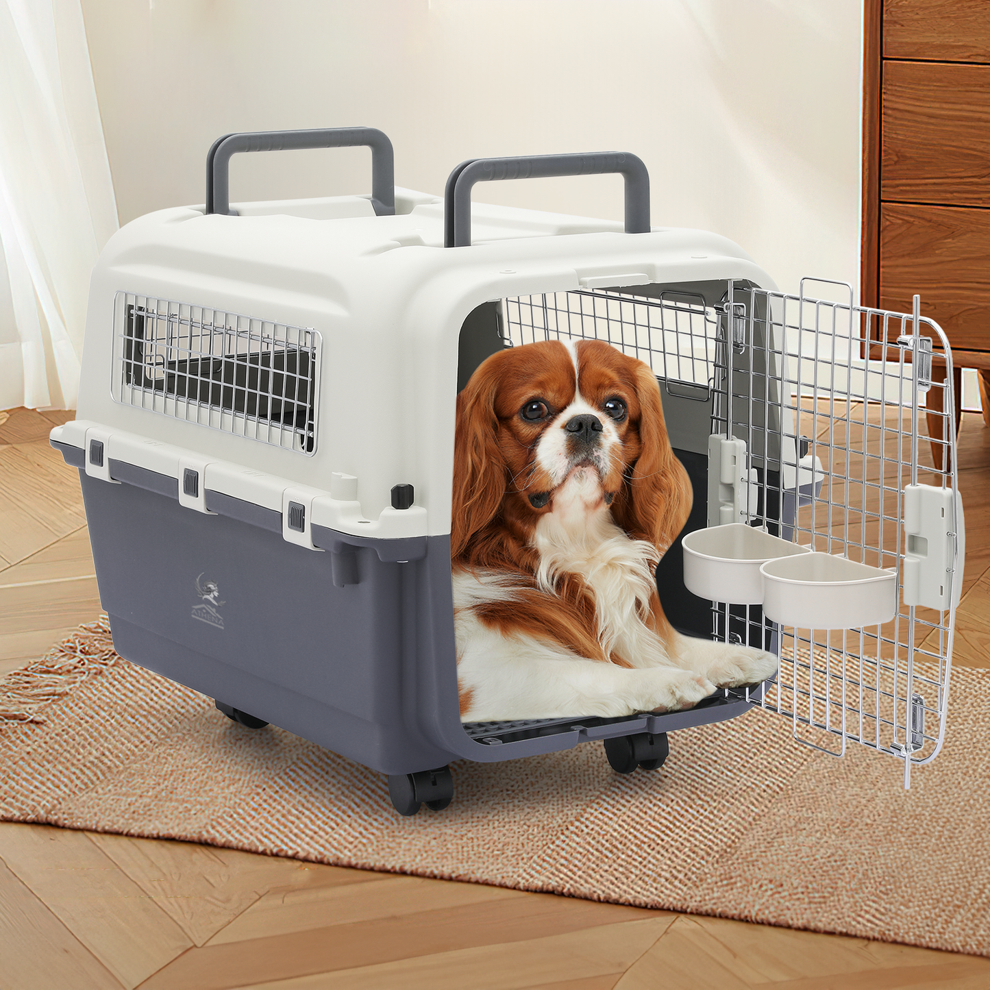 ATHENA COLLECTION Pet Carrier Hard-Sided 25.5'' Length 2 Handle with 2 Dishs, 4 Wheels White/Dark Grey