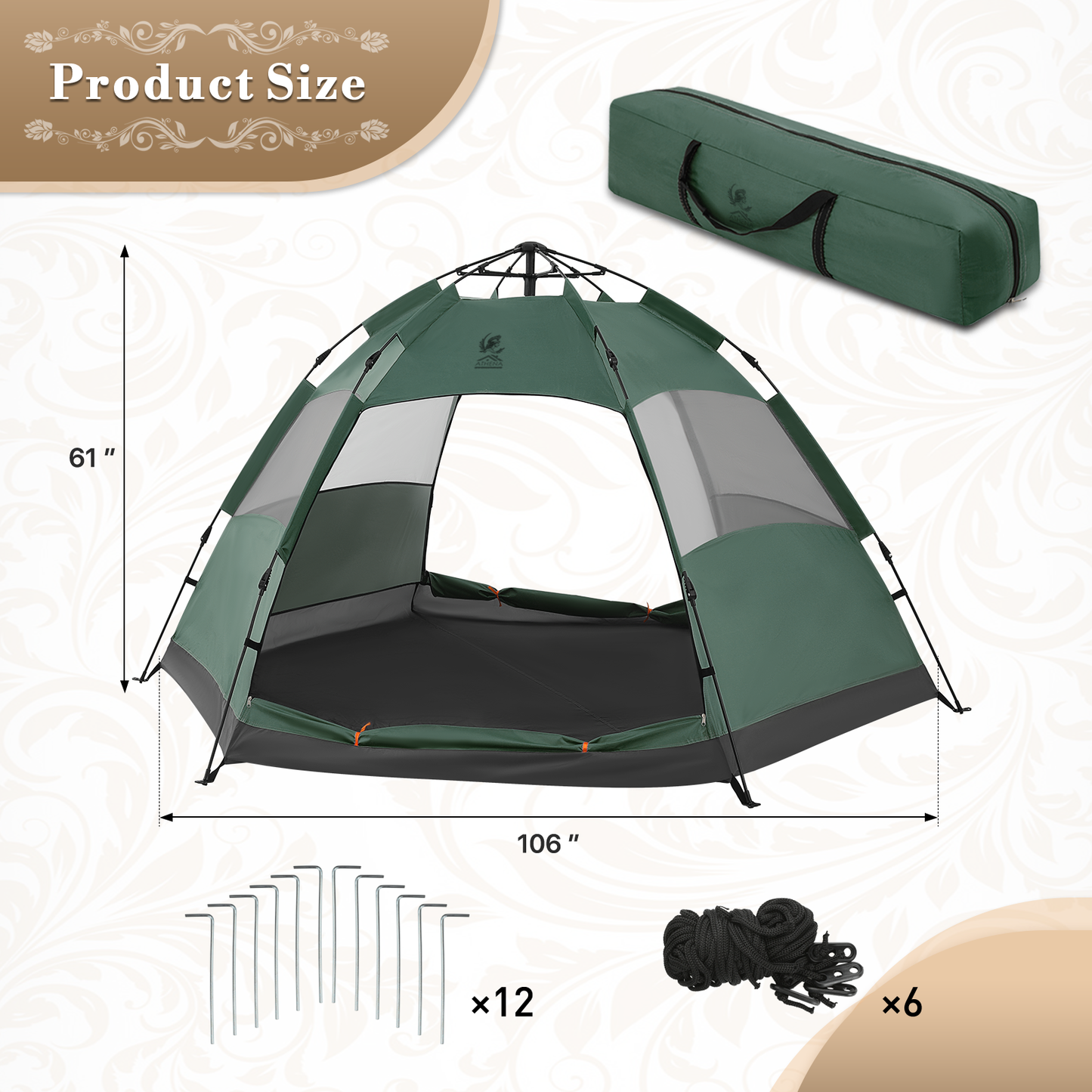 ATHENA COLLECTION Camping Tent Dome 106''Length Olive Green