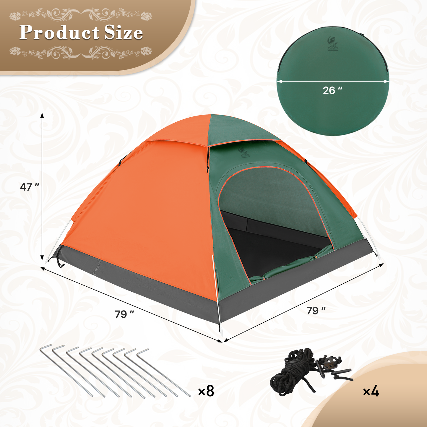 ATHENA COLLECTION Camping Tent Dome 79''Length Olive Green Front/Orange Side