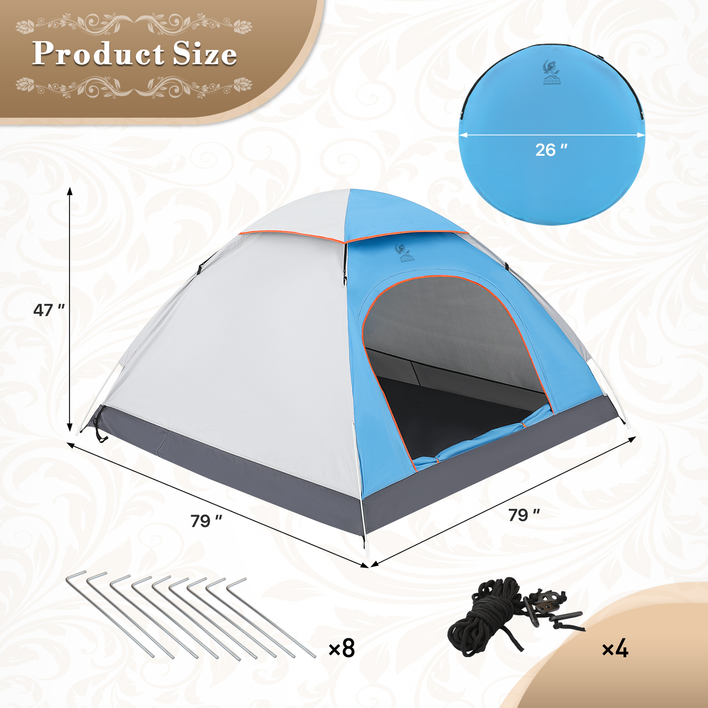 ATHENA COLLECTION Camping Tent Dome 79''Length Blue Front/Grey Side