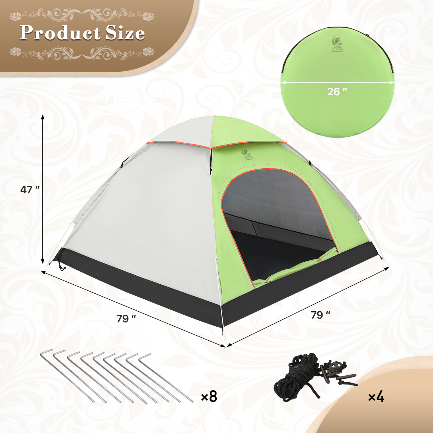 ATHENA COLLECTION Camping Tent Dome 79''Length LIGHT GREY-NEON GREEN